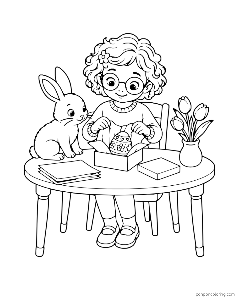 A child with curly hair and glasses wraps a decorated egg in tissue paper while a rabbit watches from the table.