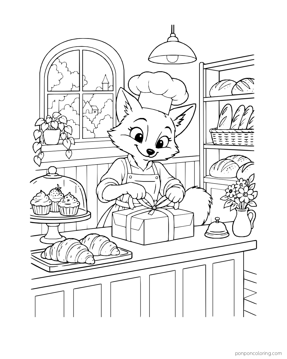 A fox baker ties ribbon around a pastry box at the counter.
