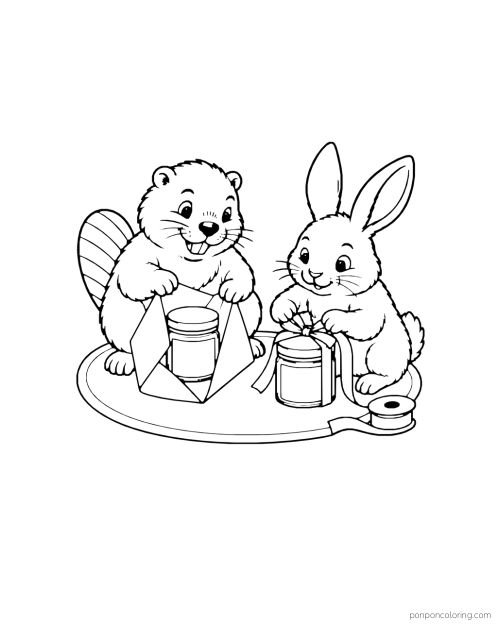 A beaver folds paper around one jar while a rabbit ties a ribbon on another jar.