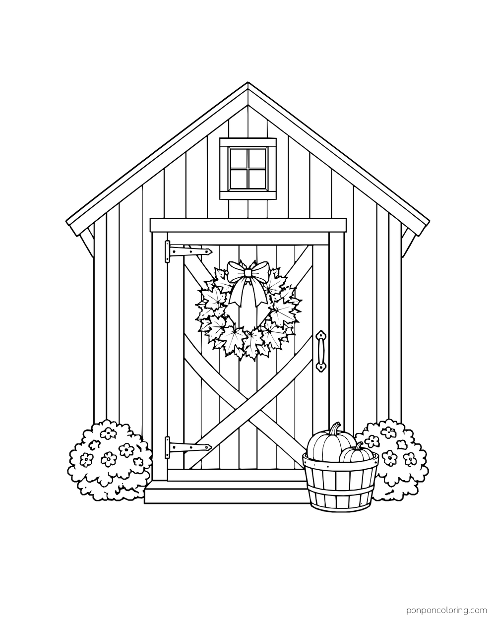 A small barn doorway wears a leaf wreath above a basket of pumpkins.