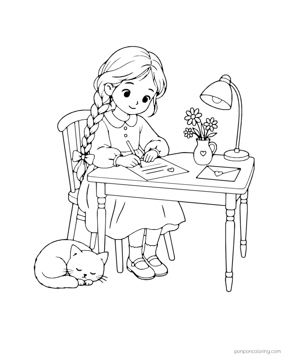 A girl with a long braid writes a letter at a desk with flowers and a lamp while a cat sleeps below.