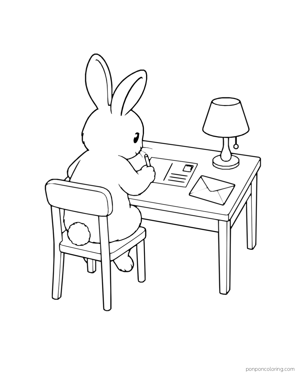 A rabbit writes at a desk with a postcard, envelope, and small lamp.