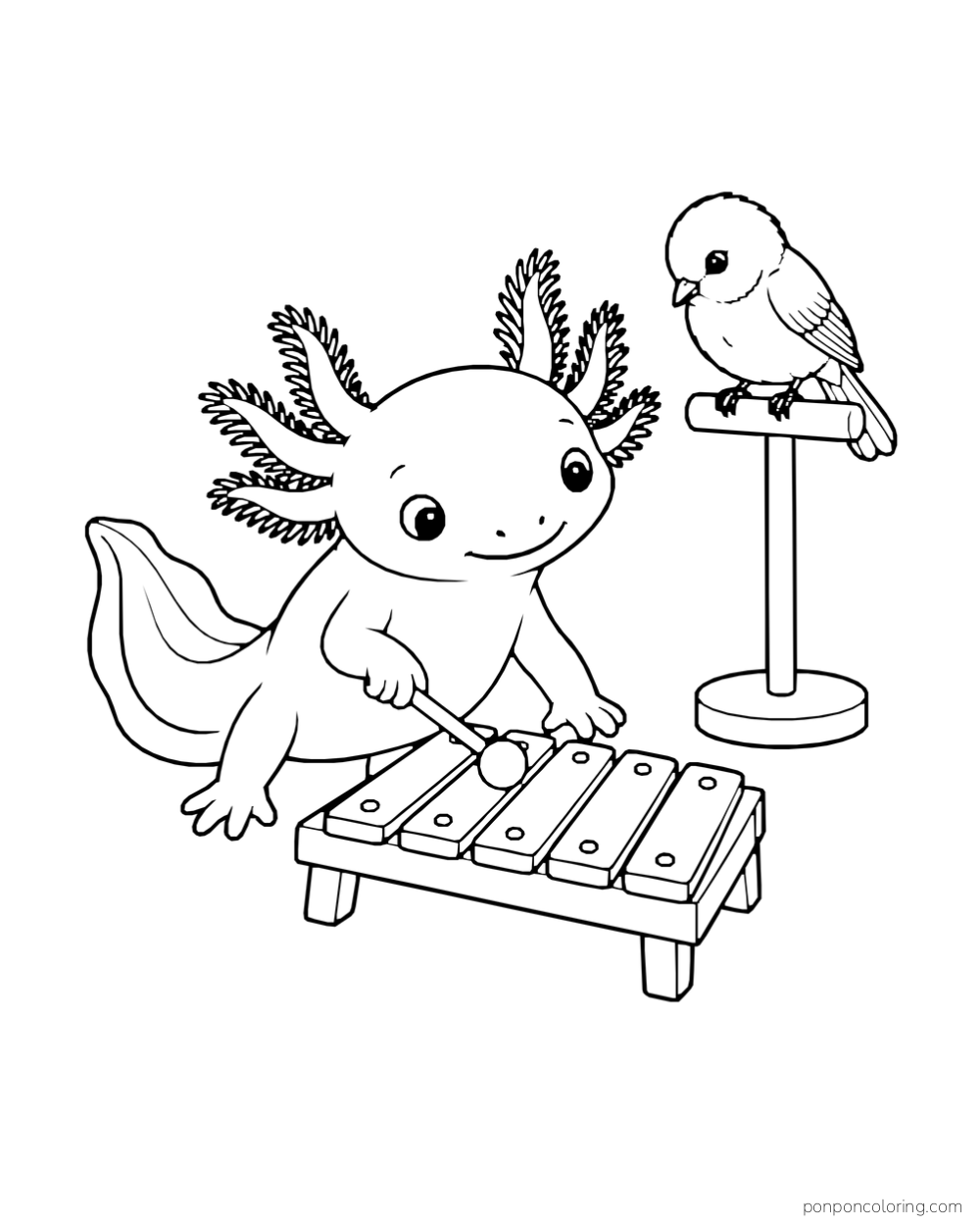 Axolotl touching a small xylophone with two mallets while a bird perches on a stand.