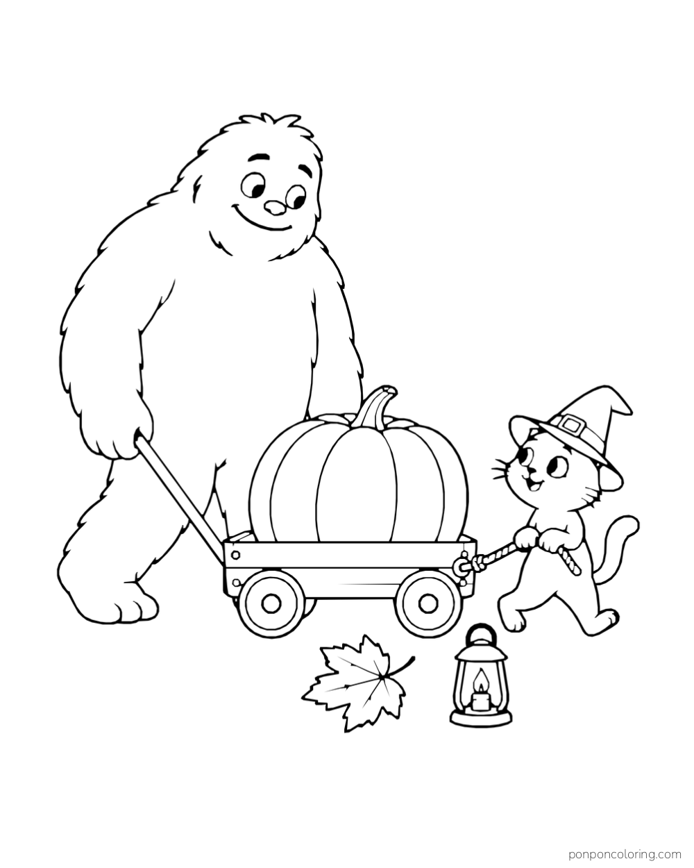 Gentle yeti and small witch-hat cat helping pull a wooden wagon carrying a large pumpkin beside a lantern and leaf