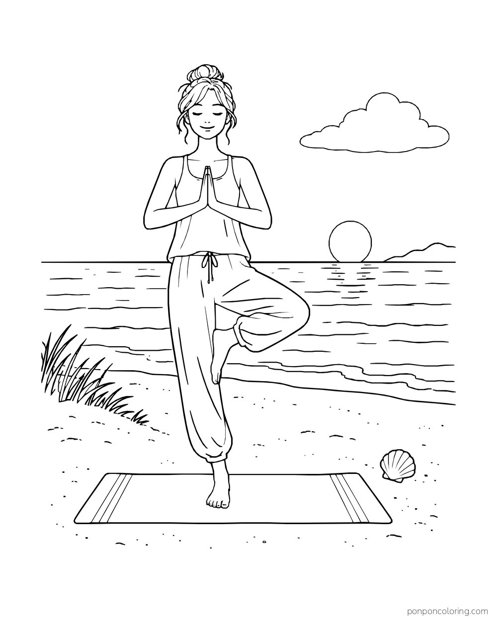 A woman balances in a tree pose on a rectangular beach mat facing the sea.