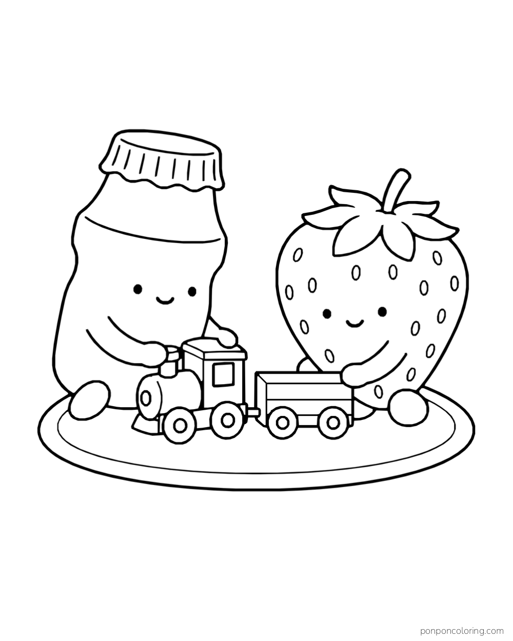 A yogurt bottle and a strawberry play with a toy train on an oval rug.
