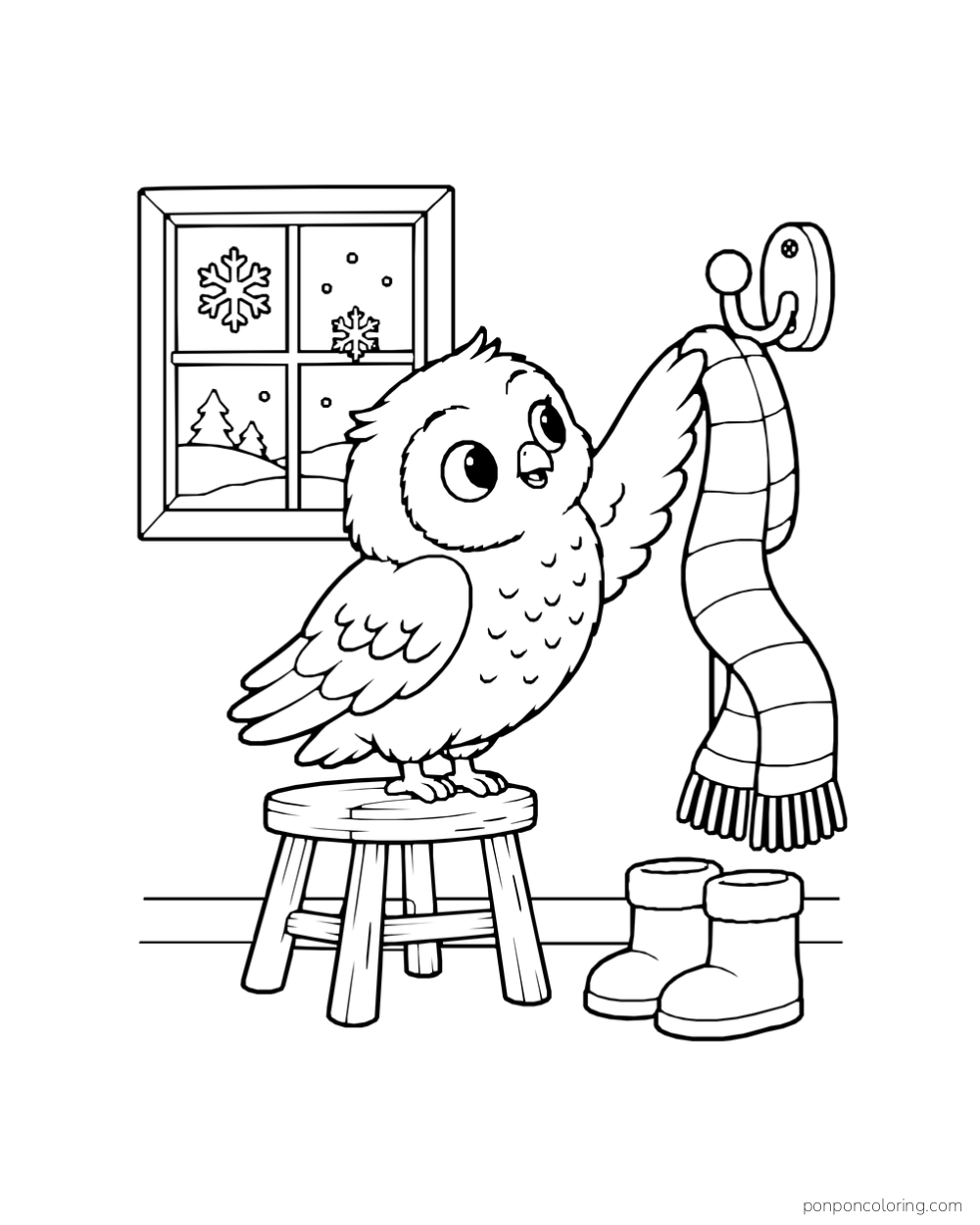 A young owl stands on a low stool and lifts a striped scarf onto a wall hook, with winter boots below and snowflakes beyond the window.