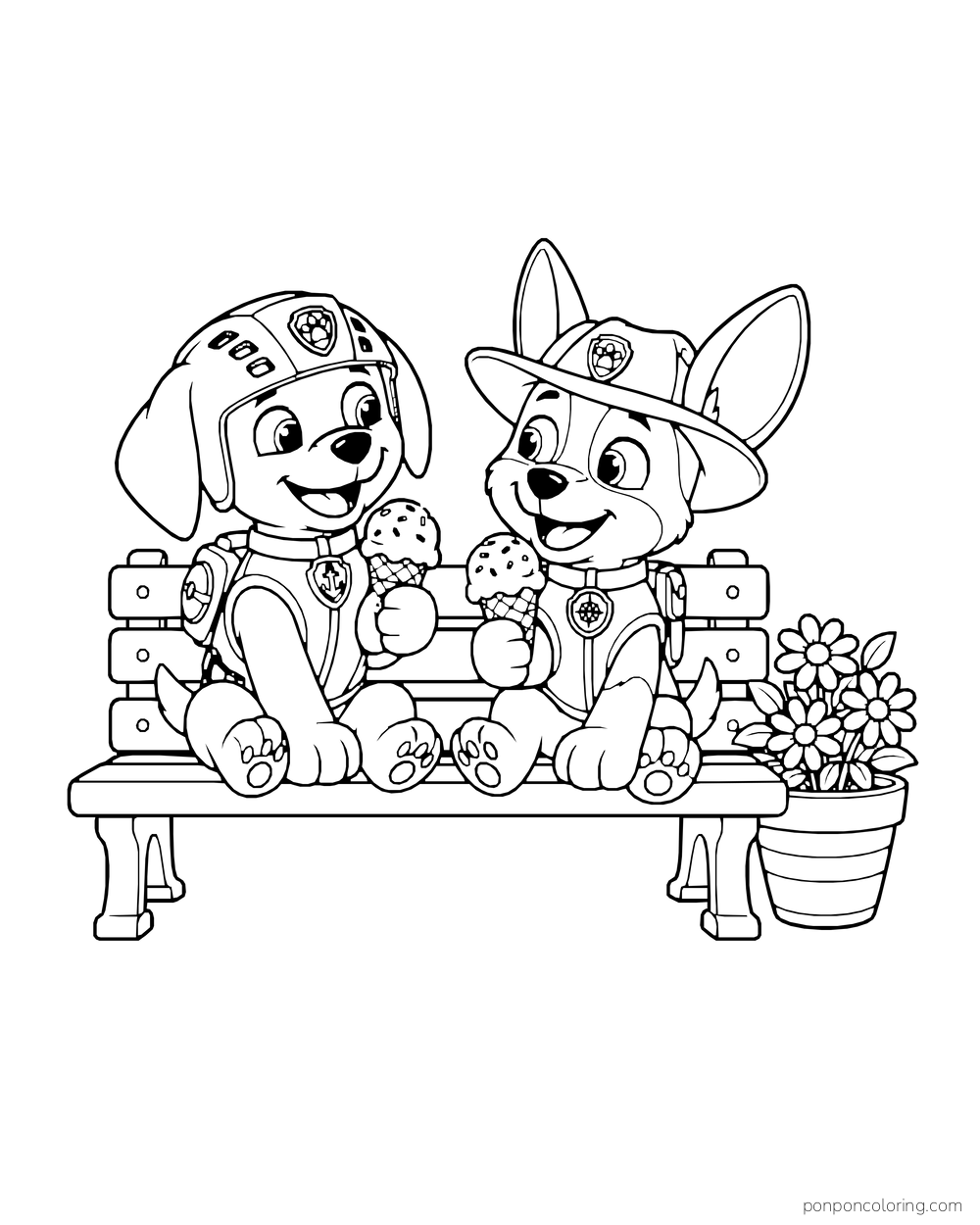 Zuma and Tracker hold ice cream cones on a bench beside a flowerpot.