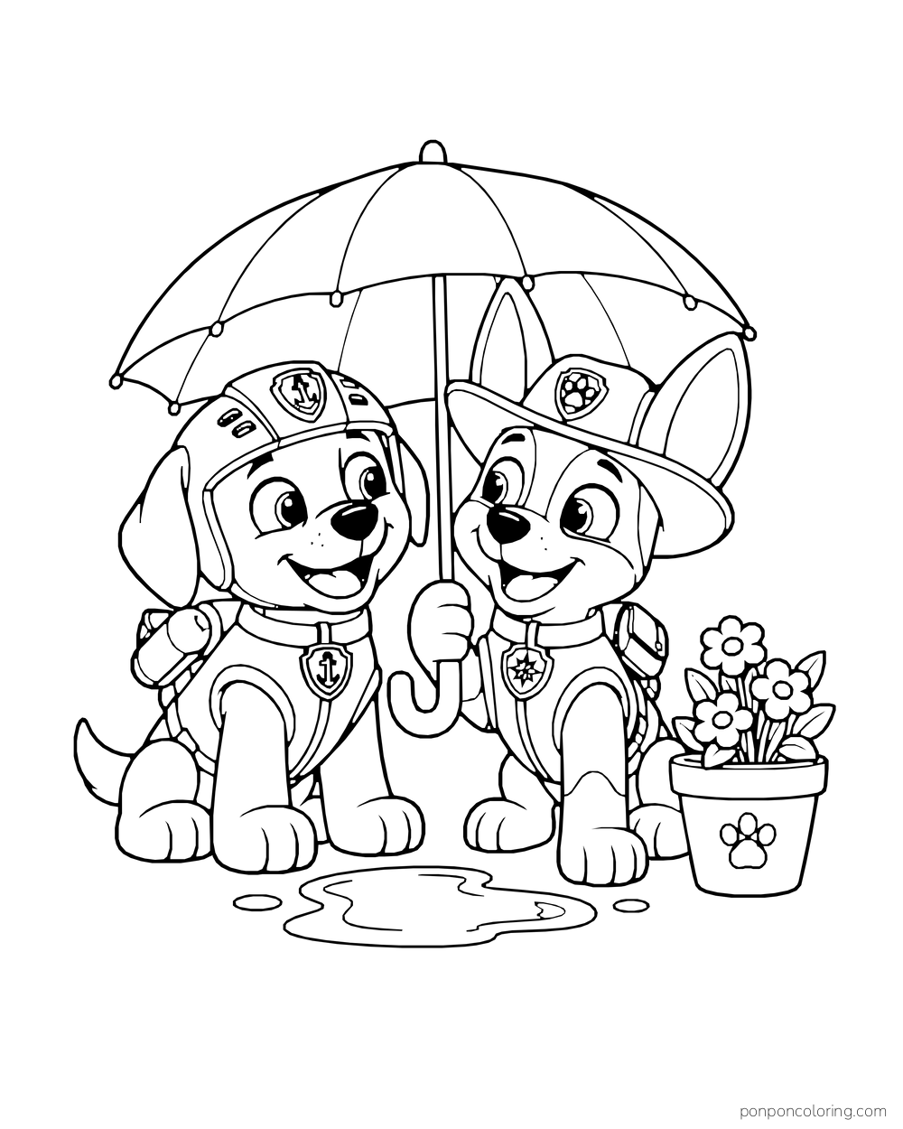 Zuma and Tracker sit under one umbrella beside a puddle and a flowerpot.