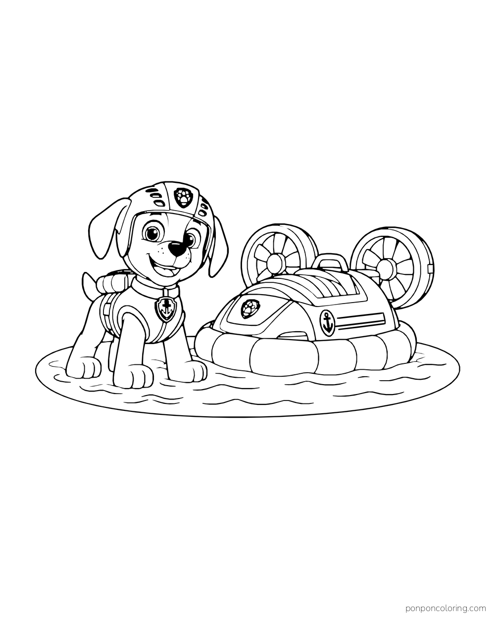 Zuma sits beside a small hovercraft on an oval patch of water.