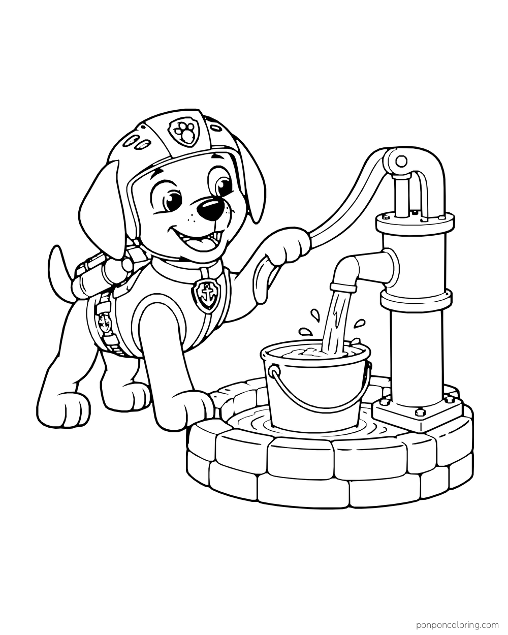 Zuma uses a hand pump to fill a bucket on a round stone base.