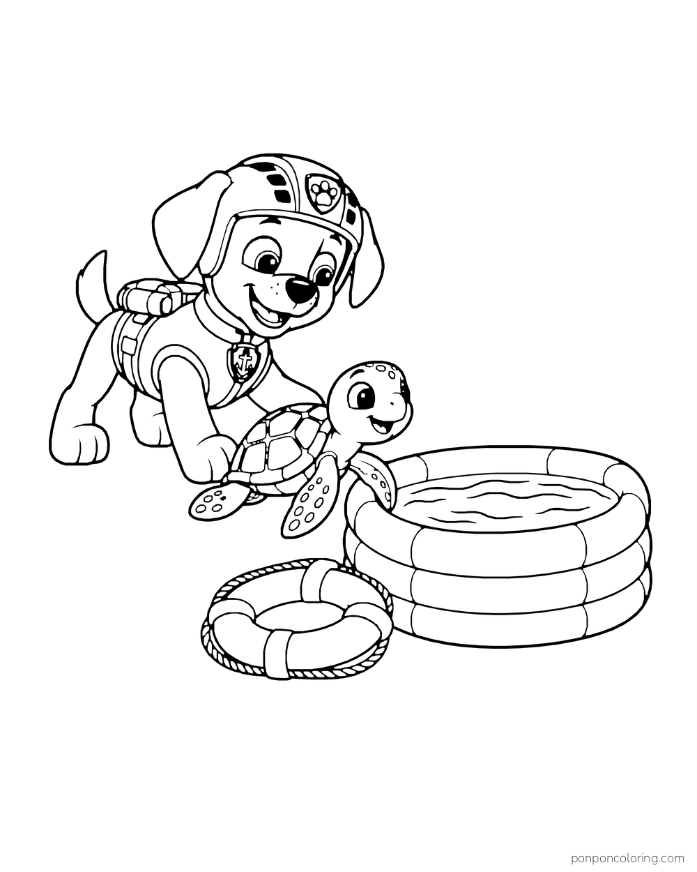 Zuma guides a turtle toward a small pool with a life ring beside it.