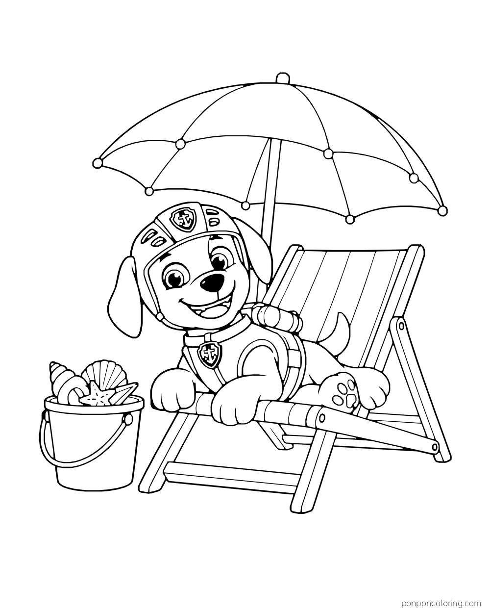 Zuma relaxes in a beach chair beneath an umbrella beside a bucket of shells.