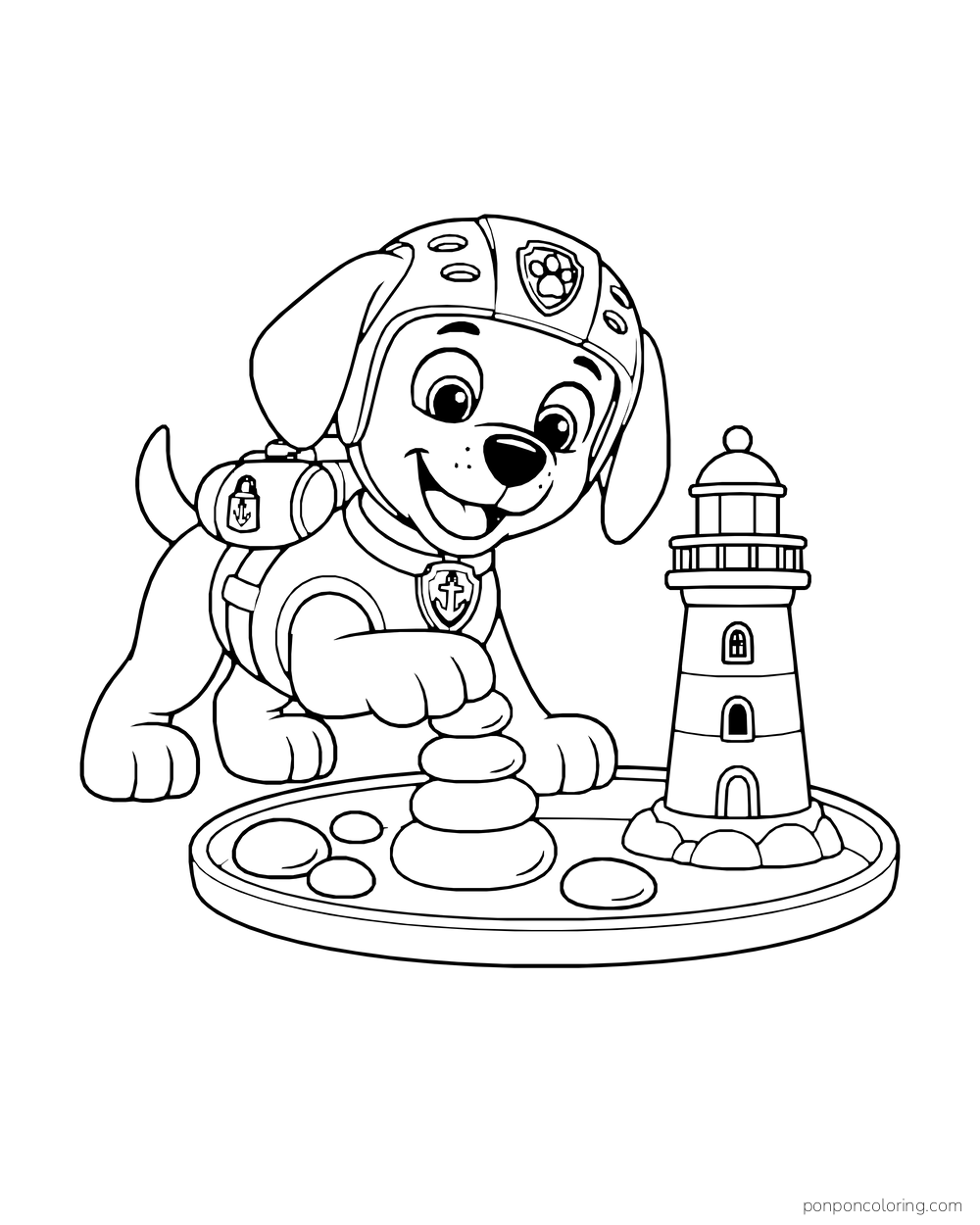 Zuma stacks pebbles on a tray beside a model lighthouse.