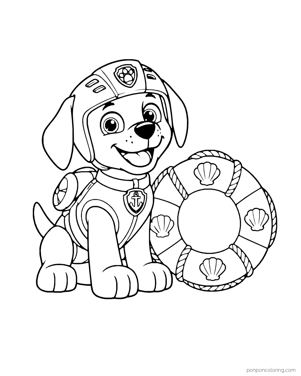 Zuma sits beside a life ring decorated with shells.