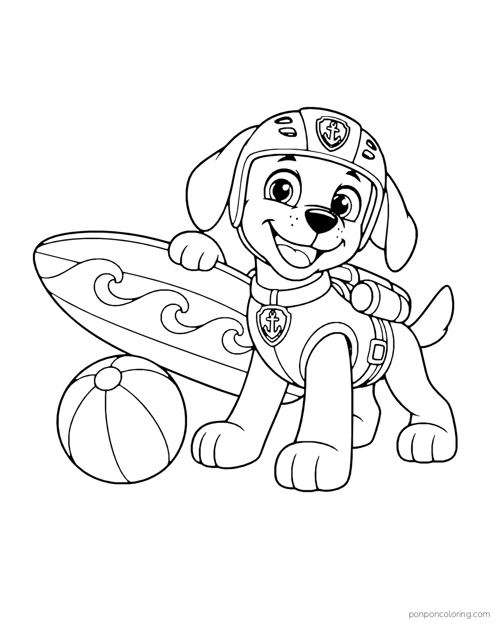 Zuma sits beside a surfboard with a wave pattern and a beach ball.